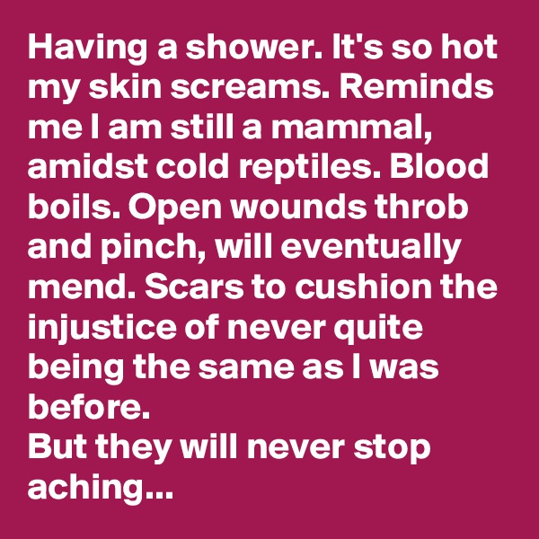 Having a shower. It's so hot my skin screams. Reminds me I am still a mammal, amidst cold reptiles. Blood boils. Open wounds throb and pinch, will eventually mend. Scars to cushion the injustice of never quite being the same as I was before.
But they will never stop aching...