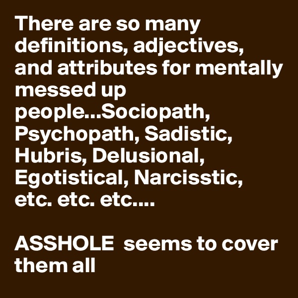 There are so many definitions, adjectives, and attributes for mentally messed up people...Sociopath, Psychopath, Sadistic, Hubris, Delusional, Egotistical, Narcisstic, etc. etc. etc....

ASSHOLE  seems to cover them all