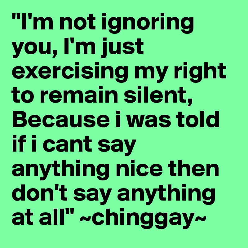 "I'm not ignoring you, I'm just exercising my right to remain silent, Because i was told if i cant say anything nice then don't say anything at all" ~chinggay~