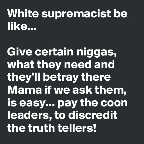 White supremacist be like...

Give certain niggas, what they need and they'll betray there Mama if we ask them, is easy... pay the coon leaders, to discredit the truth tellers!