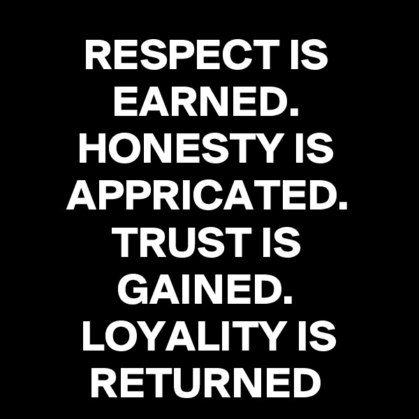 RESPECT IS EARNED.
HONESTY IS APPRICATED. TRUST IS GAINED.
LOYALITY IS RETURNED
