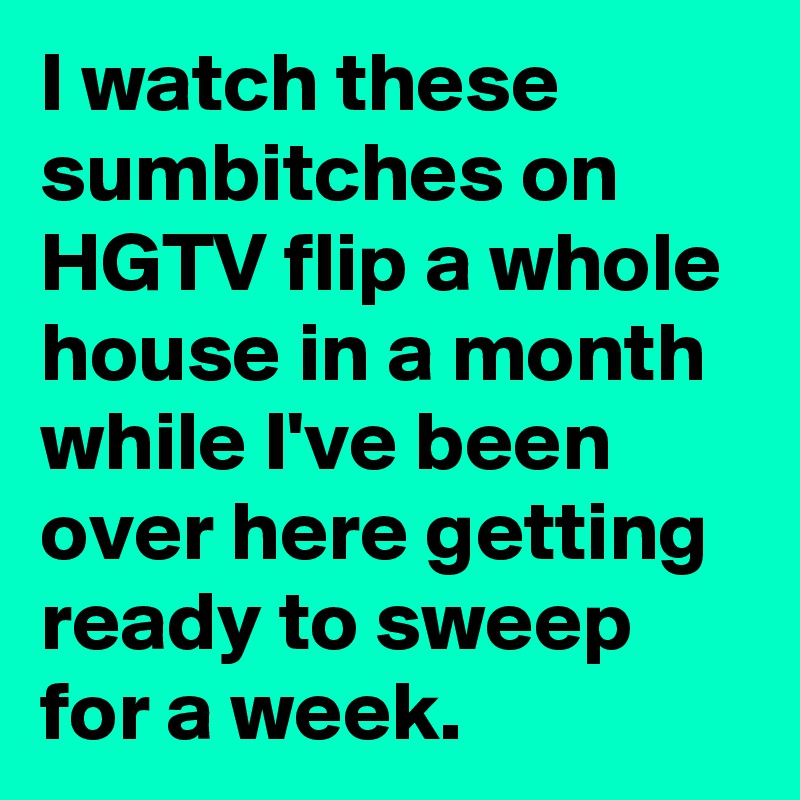 I watch these sumbitches on HGTV flip a whole house in a month while I've been over here getting ready to sweep for a week.