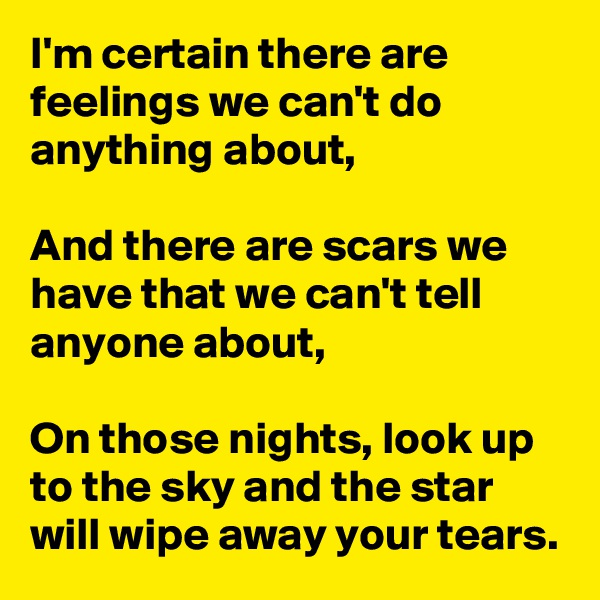 I'm certain there are feelings we can't do anything about,

And there are scars we have that we can't tell anyone about,

On those nights, look up to the sky and the star will wipe away your tears.