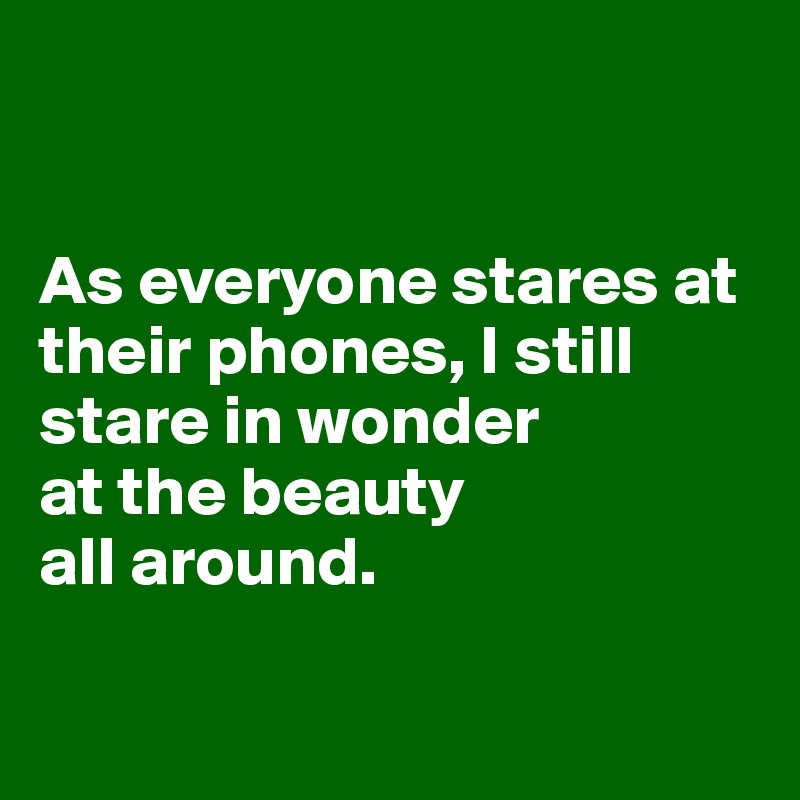 


As everyone stares at their phones, I still stare in wonder
at the beauty 
all around.

