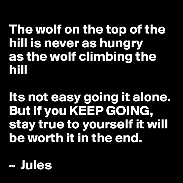 
The wolf on the top of the hill is never as hungry
as the wolf climbing the hill

Its not easy going it alone. But if you KEEP GOING, stay true to yourself it will be worth it in the end.

~  Jules 