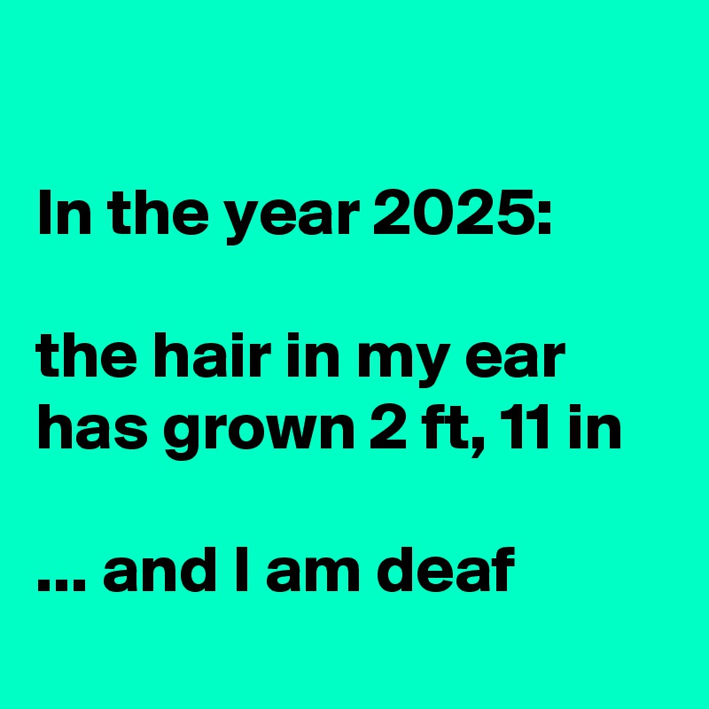 

In the year 2025: 

the hair in my ear has grown 2 ft, 11 in 

... and I am deaf