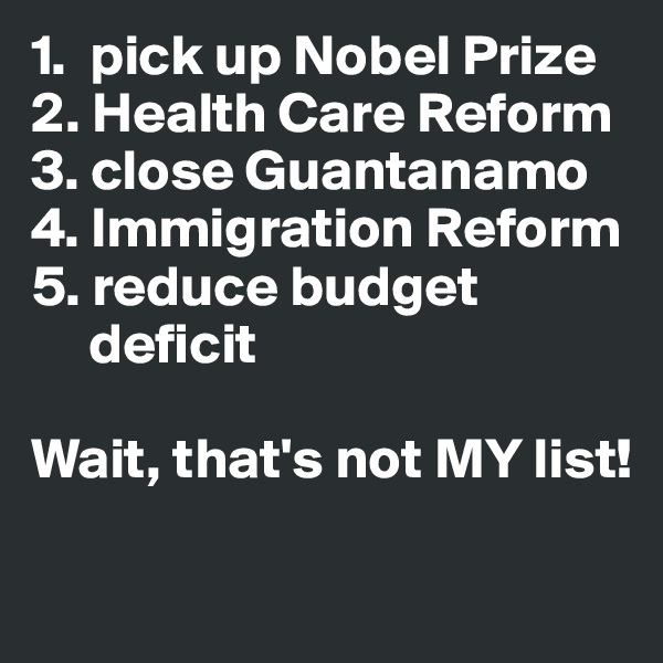 1.  pick up Nobel Prize 2. Health Care Reform 3. close Guantanamo 4. Immigration Reform 
5. reduce budget   
     deficit

Wait, that's not MY list!
                           
                                                         