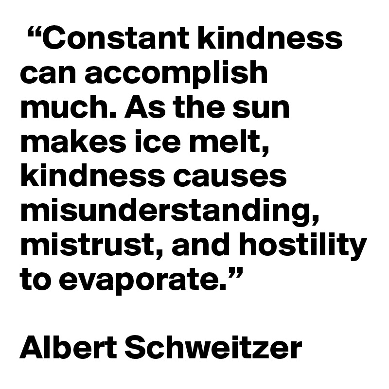  “Constant kindness can accomplish much. As the sun makes ice melt, kindness causes misunderstanding, mistrust, and hostility to evaporate.”

Albert Schweitzer