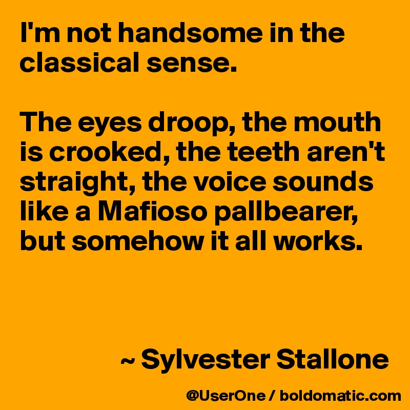I'm not handsome in the classical sense.

The eyes droop, the mouth is crooked, the teeth aren't straight, the voice sounds like a Mafioso pallbearer, but somehow it all works.



                 ~ Sylvester Stallone