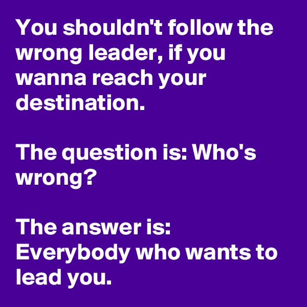 You shouldn't follow the wrong leader, if you wanna reach your destination.

The question is: Who's wrong?

The answer is: Everybody who wants to lead you.