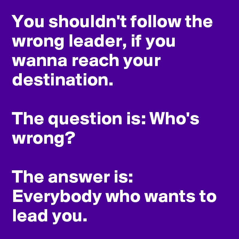 You shouldn't follow the wrong leader, if you wanna reach your destination.

The question is: Who's wrong?

The answer is: Everybody who wants to lead you.