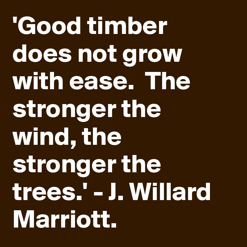 'Good timber does not grow with ease.  The stronger the wind, the stronger the trees.' - J. Willard Marriott.  