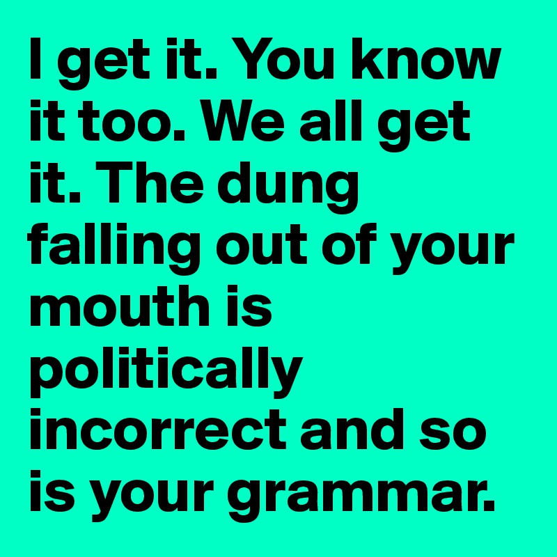 I get it. You know it too. We all get it. The dung falling out of your mouth is politically incorrect and so is your grammar.
