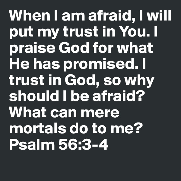 When I am afraid, I will put my trust in You. I praise God for what He has promised. I trust in God, so why should I be afraid? What can mere mortals do to me?
Psalm 56:3-4