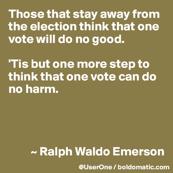 Those that stay away from the election think that one vote will do no good.

'Tis but one more step to think that one vote can do no harm.




         ~ Ralph Waldo Emerson