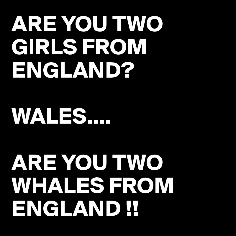 ARE YOU TWO GIRLS FROM ENGLAND?

WALES....

ARE YOU TWO WHALES FROM ENGLAND !!