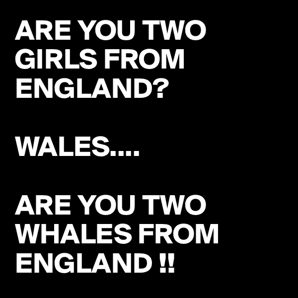 ARE YOU TWO GIRLS FROM ENGLAND?

WALES....

ARE YOU TWO WHALES FROM ENGLAND !!