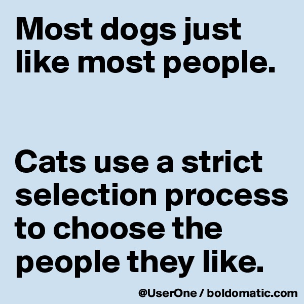 Most dogs just like most people.


Cats use a strict selection process to choose the people they like.