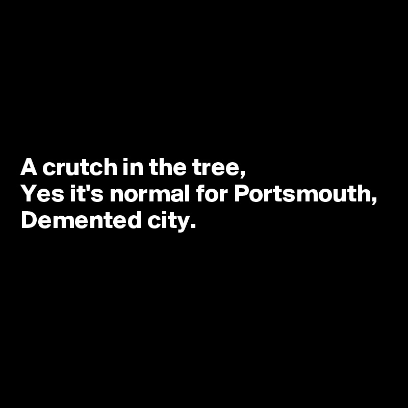 




A crutch in the tree,
Yes it's normal for Portsmouth,
Demented city.




