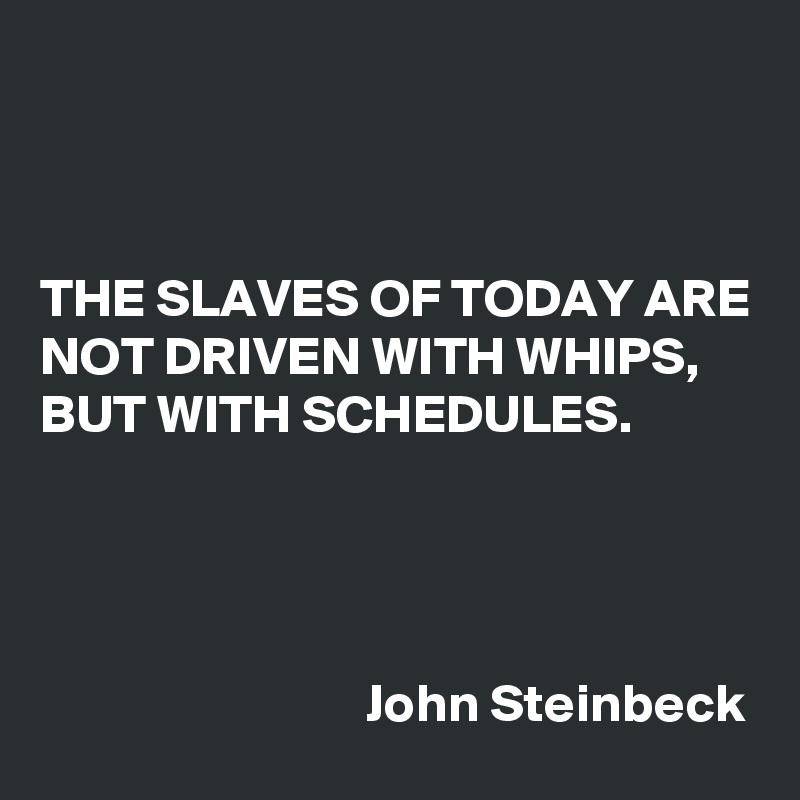 



THE SLAVES OF TODAY ARE NOT DRIVEN WITH WHIPS, BUT WITH SCHEDULES.




                              John Steinbeck
