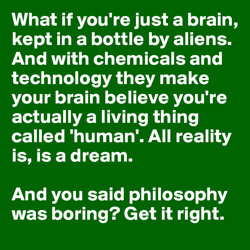 What if you're just a brain, kept in a bottle by aliens. And with chemicals and technology they make your brain believe you're actually a living thing called 'human'. All reality is, is a dream.

And you said philosophy was boring? Get it right.