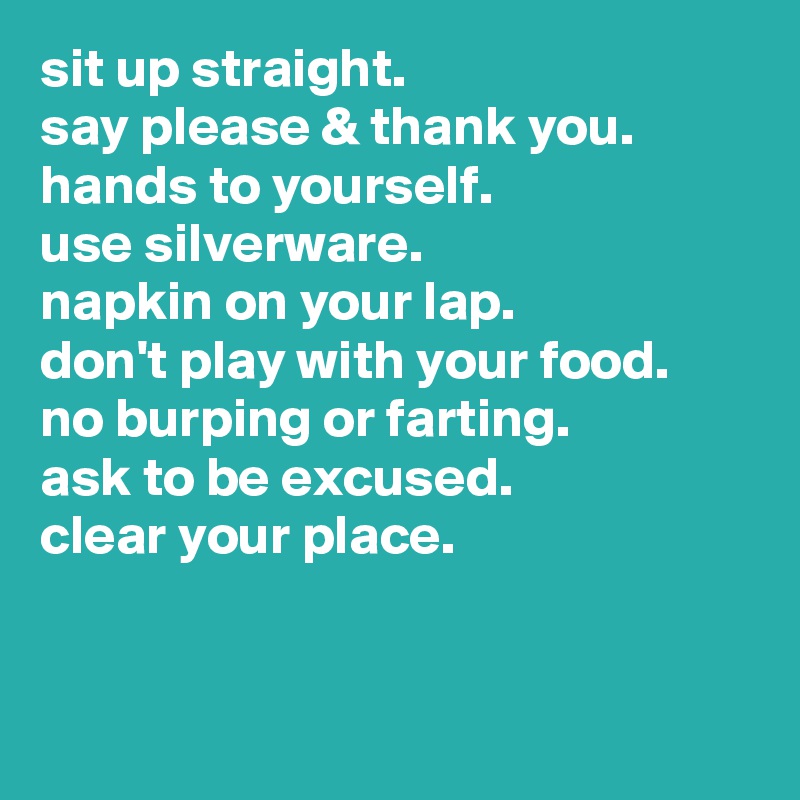 sit up straight.
say please & thank you.
hands to yourself.
use silverware.
napkin on your lap.
don't play with your food.
no burping or farting.
ask to be excused.
clear your place.


