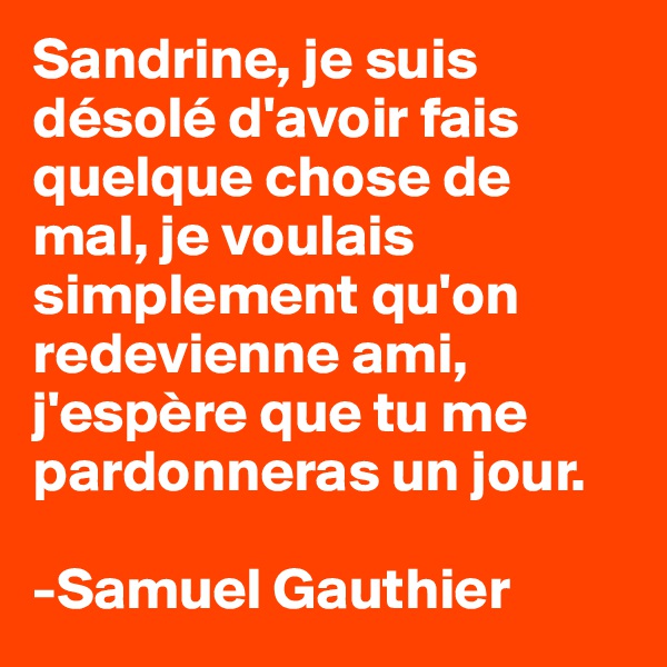 Sandrine, je suis désolé d'avoir fais quelque chose de mal, je voulais simplement qu'on redevienne ami, j'espère que tu me pardonneras un jour.

-Samuel Gauthier