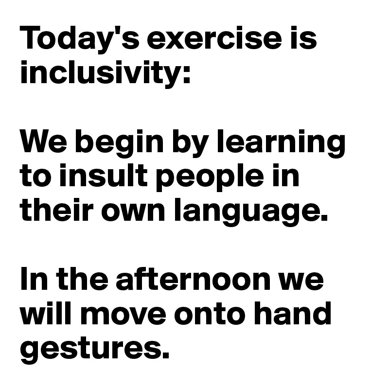 Today's exercise is inclusivity: 

We begin by learning to insult people in their own language.

In the afternoon we will move onto hand gestures. 