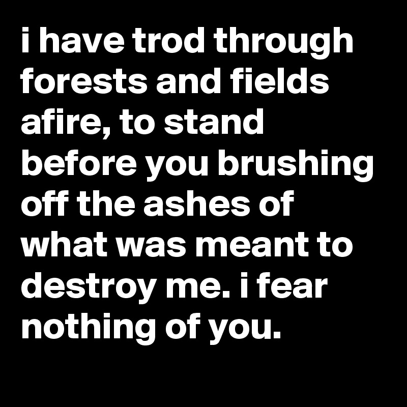 i have trod through forests and fields afire, to stand before you brushing off the ashes of what was meant to destroy me. i fear nothing of you. 