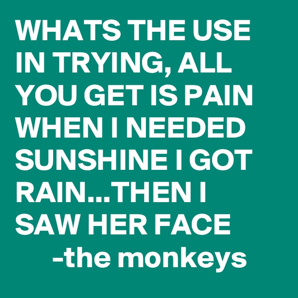 WHATS THE USE IN TRYING, ALL YOU GET IS PAIN WHEN I NEEDED SUNSHINE I GOT RAIN...THEN I SAW HER FACE
      -the monkeys