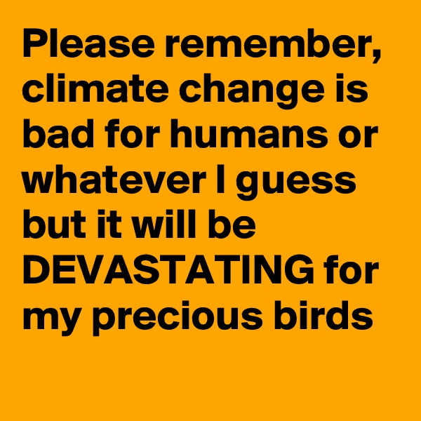 Please remember, climate change is bad for humans or whatever I guess but it will be DEVASTATING for my precious birds