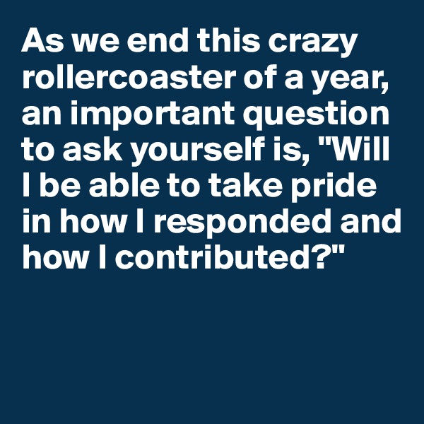 As we end this crazy  rollercoaster of a year, an important question to ask yourself is, "Will 
I be able to take pride
in how I responded and how I contributed?"


