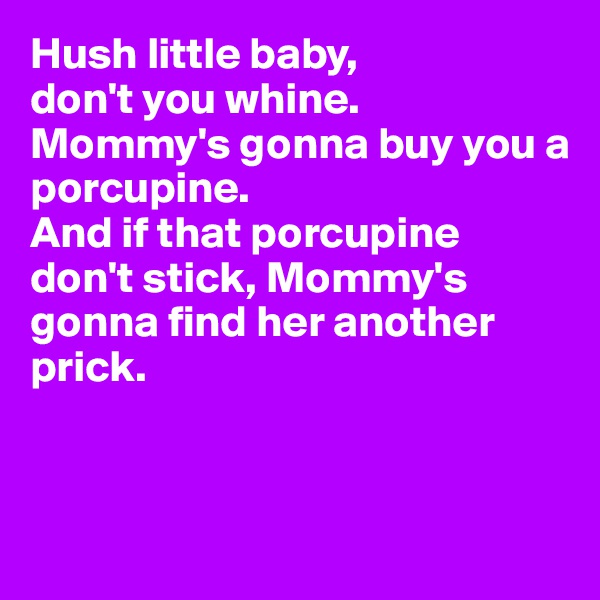 Hush little baby, 
don't you whine.
Mommy's gonna buy you a porcupine.
And if that porcupine
don't stick, Mommy's gonna find her another prick.



