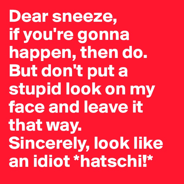 Dear sneeze, 
if you're gonna happen, then do. But don't put a stupid look on my face and leave it that way.
Sincerely, look like an idiot *hatschi!*