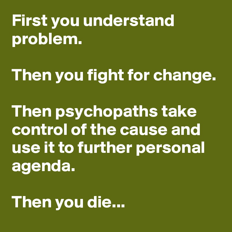 First you understand problem. 

Then you fight for change. 

Then psychopaths take control of the cause and use it to further personal agenda. 

Then you die...