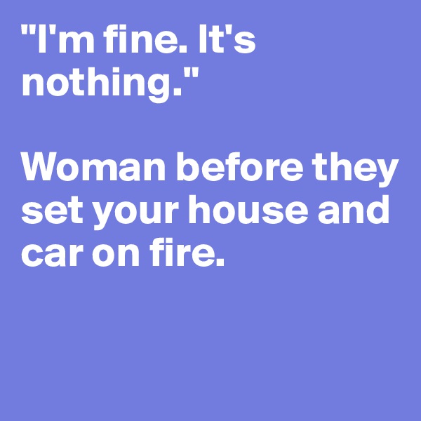 "I'm fine. It's nothing."

Woman before they set your house and car on fire.

