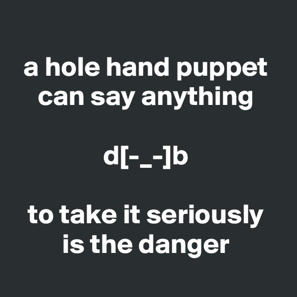 
a hole hand puppet can say anything

d[-_-]b

to take it seriously is the danger
