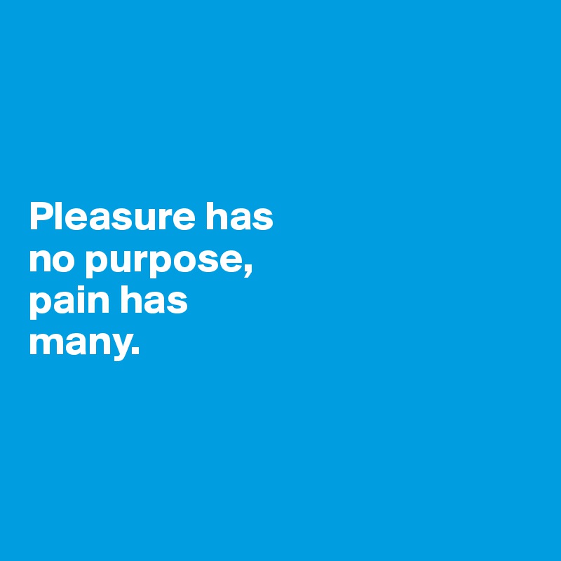 



Pleasure has 
no purpose, 
pain has 
many.




