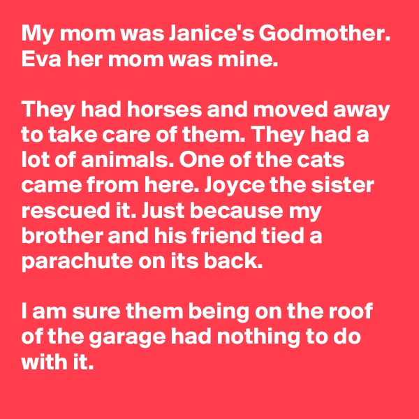 My mom was Janice's Godmother. Eva her mom was mine.

They had horses and moved away to take care of them. They had a lot of animals. One of the cats came from here. Joyce the sister rescued it. Just because my brother and his friend tied a parachute on its back. 

I am sure them being on the roof of the garage had nothing to do with it.