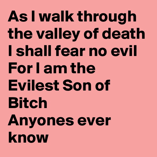 As I walk through the valley of death
I shall fear no evil 
For I am the Evilest Son of Bitch
Anyones ever know