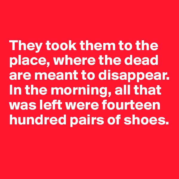 

They took them to the place, where the dead are meant to disappear. In the morning, all that was left were fourteen hundred pairs of shoes.

