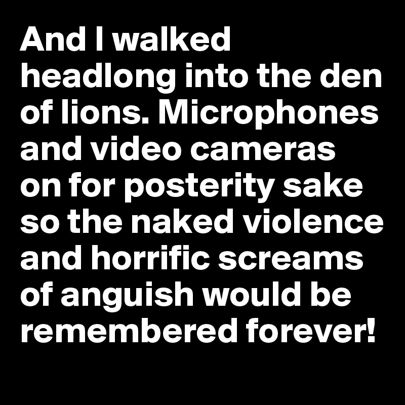 And I walked headlong into the den of lions. Microphones and video cameras on for posterity sake so the naked violence and horrific screams of anguish would be remembered forever!