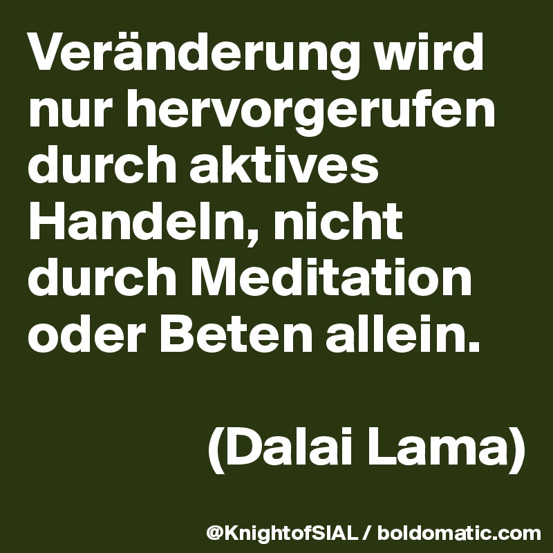 Veränderung wird nur hervorgerufen durch aktives Handeln, nicht durch Meditation oder Beten allein. 

                (Dalai Lama)