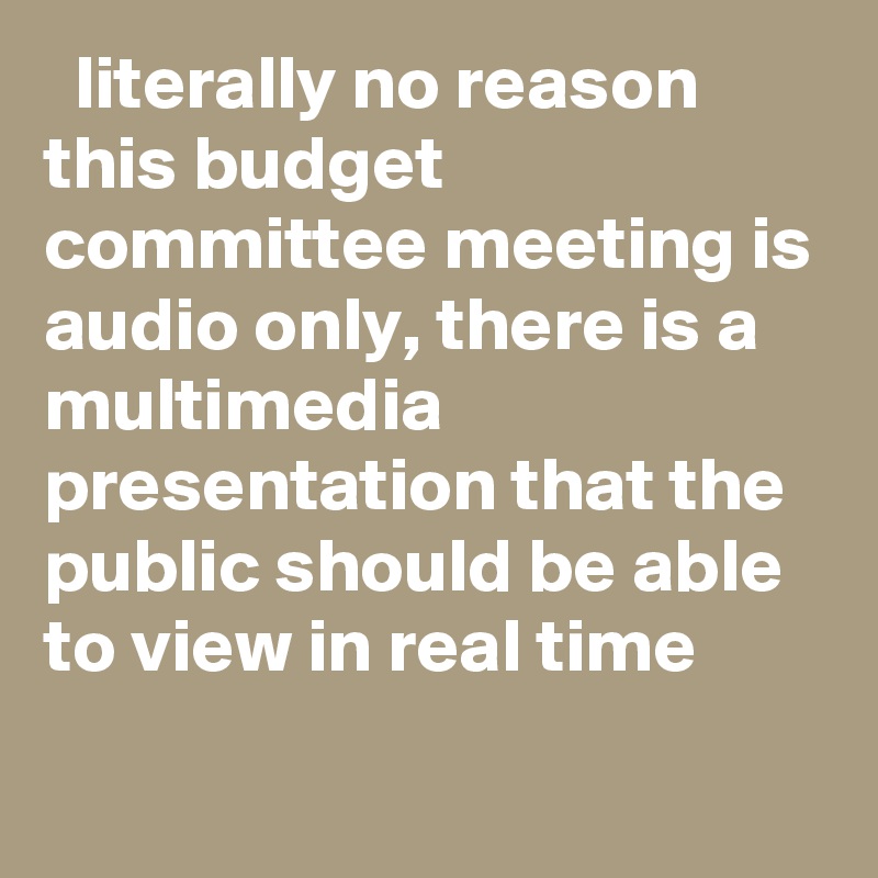   literally no reason this budget committee meeting is audio only, there is a multimedia presentation that the public should be able to view in real time
