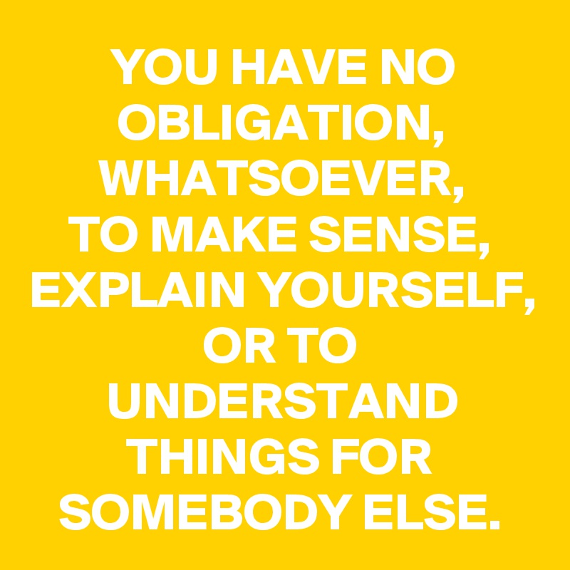 YOU HAVE NO OBLIGATION, WHATSOEVER,
TO MAKE SENSE, EXPLAIN YOURSELF, OR TO UNDERSTAND THINGS FOR SOMEBODY ELSE.