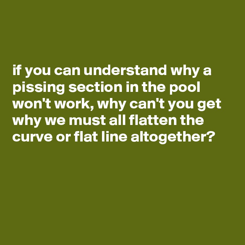 


if you can understand why a pissing section in the pool won't work, why can't you get why we must all flatten the curve or flat line altogether?




