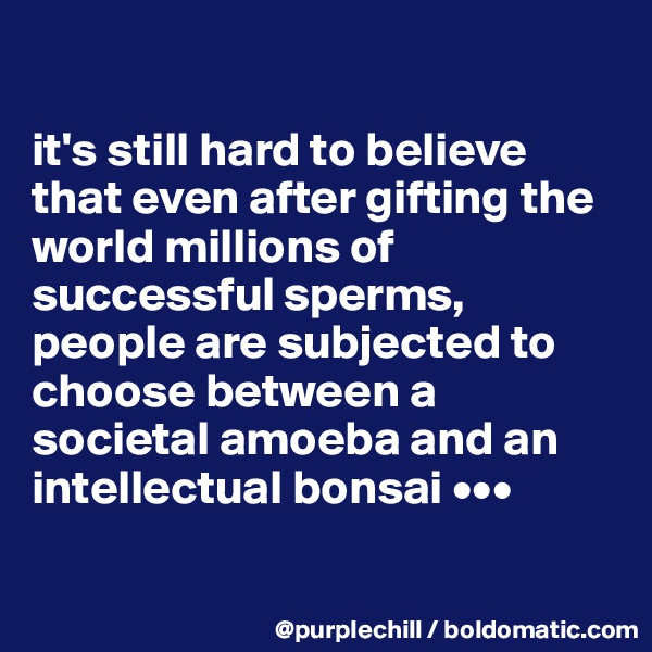 

it's still hard to believe that even after gifting the world millions of successful sperms, people are subjected to choose between a societal amoeba and an intellectual bonsai •••


