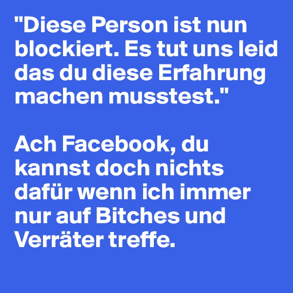 "Diese Person ist nun blockiert. Es tut uns leid das du diese Erfahrung machen musstest."

Ach Facebook, du kannst doch nichts dafür wenn ich immer nur auf Bitches und Verräter treffe.