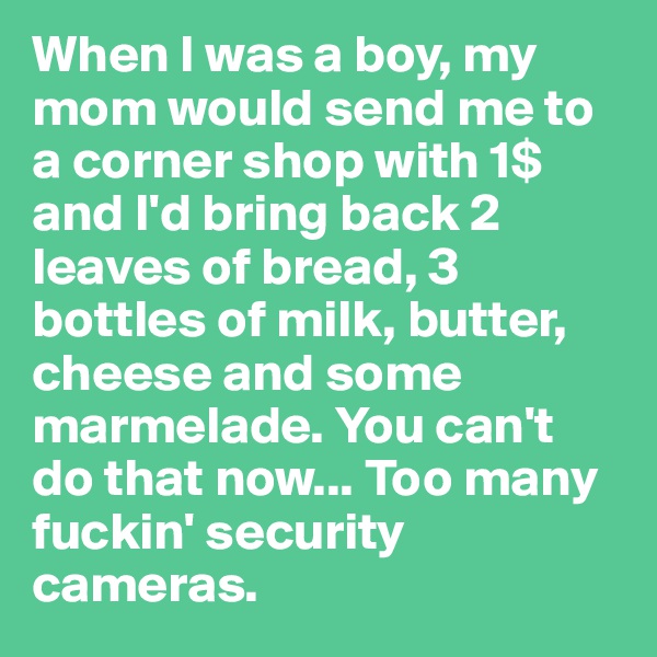 When I was a boy, my mom would send me to a corner shop with 1$ and I'd bring back 2 leaves of bread, 3 bottles of milk, butter, cheese and some marmelade. You can't do that now... Too many fuckin' security cameras.