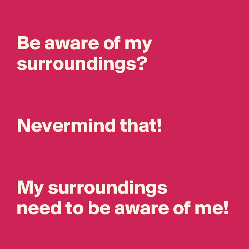  
 Be aware of my 
 surroundings?

 
 Nevermind that!

 
 My surroundings 
 need to be aware of me!